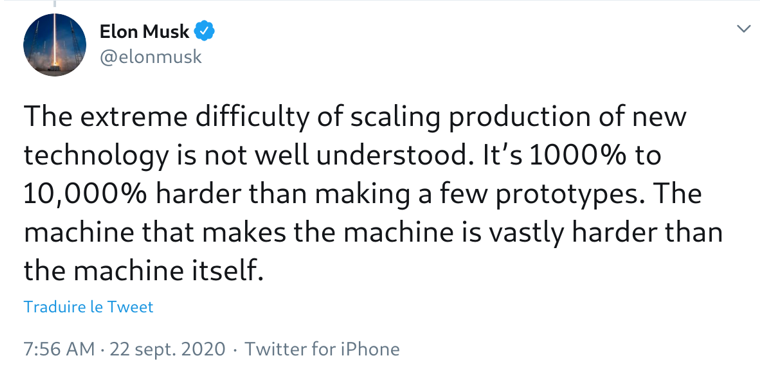 Tweet d'Elon Musk illustrant le fait que la construction de la machine est beaucoup plus dur à réaliser que les premiers prototypes