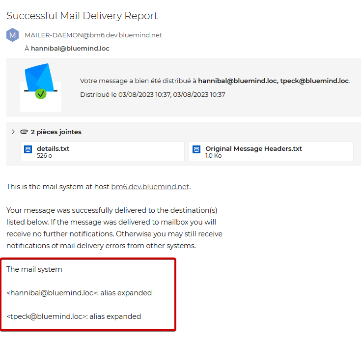 Capture d'écran d'un accusé de réception listant 2 adresses issues d'un même serveur ayant correctement réceptionné l'email 