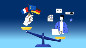 Une balances déséquilibrée où les drapeaux français et européens pèsent moins lourd qu'un usager