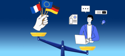 Une balances déséquilibrée où les drapeaux français et européens pèsent moins lourd qu'un usager