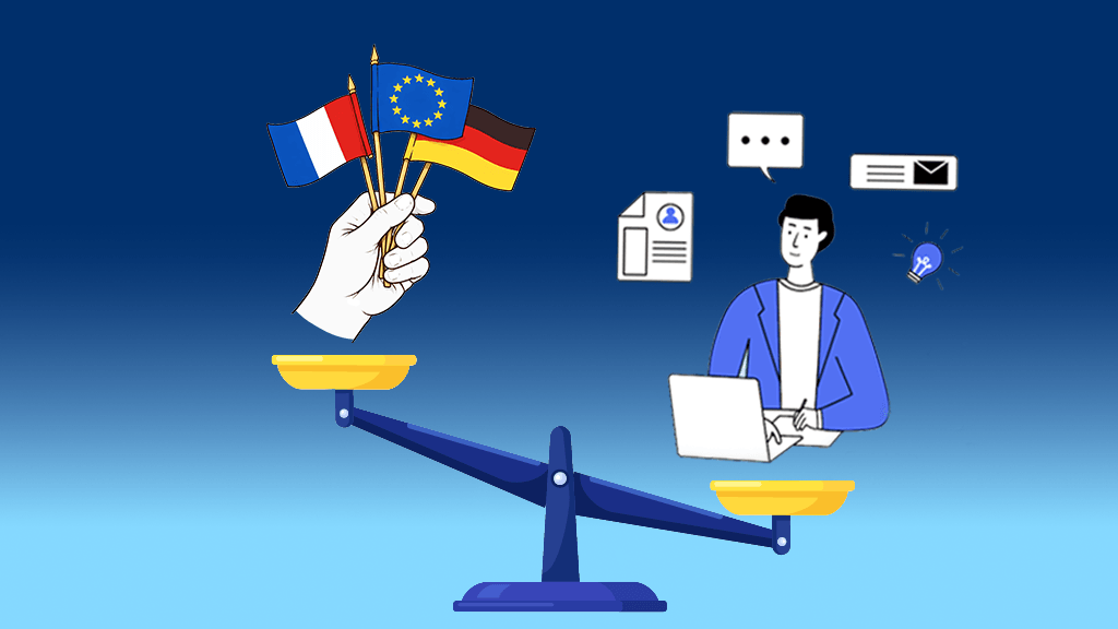 Une balances déséquilibrée où les drapeaux français et européens pèsent moins lourd qu'un usager